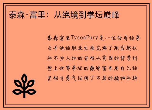泰森·富里：从绝境到拳坛巅峰